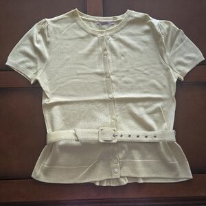 RED Valentino Butter Yellow Short Sleeve Wool And Silk Blend Top with Belt